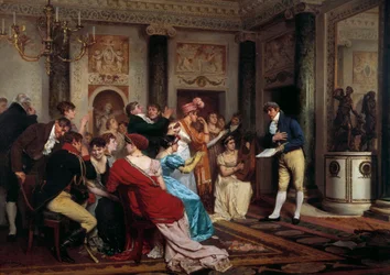 La moda del romanticismo: lettura di un pezzo teatrale in un salone parigino. Dipinto di Jules Worms