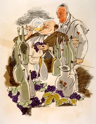Illustrazione umoristica sul vino 1946. Illustrazione di Julien Pavil