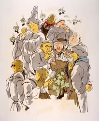Illustrazione umoristica sul vino 1946. Illustrazione di Julien Pavil