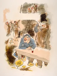 Illustrazione umoristica sul vino 1946. Illustrazione di Julien Pavil