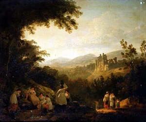 Un paesaggio boscoso con lavandaie vicino a una fontana