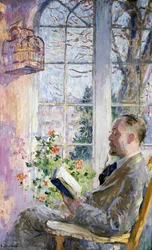 "Nella veranda" Un uomo che legge un libro, una gabbia con un uccello appeso. Dipinto di Julius Gari Melchers (1860-1932)