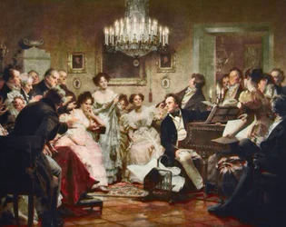 Franz Schubert (1797-1828) al pianoforte durante una serata Schubert in un salone di Vienna - incisione dopo Julius Schmid (1854-1935)