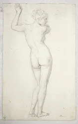 Nudo femminile in posa eretta, visto da dietro; verso, contorno di un nudo femminile
