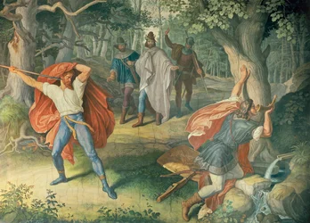 Hagen uccide Sigfrido alla fontana, Sala dei Nibelunghi