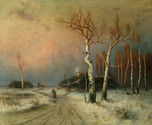 Un villaggio in un paesaggio invernale boscoso