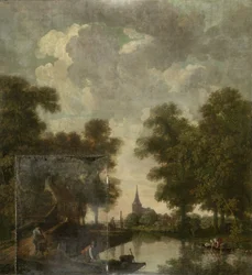 Dipinto murale con un paesaggio olandese con fiume