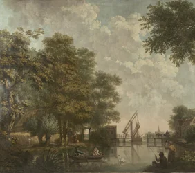 Tre dipinti murali con un paesaggio olandese