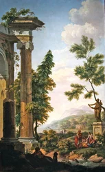 Paesaggio arcadico con rovine classiche e figure lungo la riva di un fiume