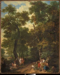 Paesaggio arcadico con pastori che fanno musica e danzano