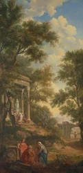 Paesaggio arcadico con tempio a sinistra e vecchio seduto in primo piano