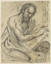 San Girolamo, scrivendo in un libro che tiene sopra un teschio