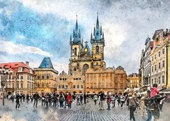 Praga, Repubblica Ceca: acquerello raffigurante la città (28)