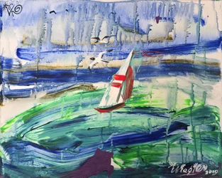 Paesaggio marino con barca a vela in movimento