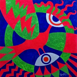 Uccello dai colori vivaci e motivi geometrici