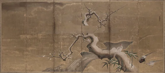 Scena invernale con alberi di prugne e fagiani, inizio 1600