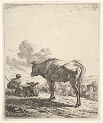 Mandriano con mucca e vitello su una collina, il mandriano visto da dietro e seduto