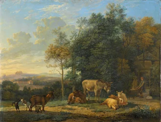 Paesaggio con due asini, capre e maiali
