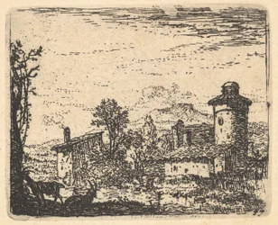 Paesaggio con due capre cornute nell