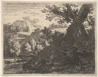 Albero con radici scoperte lungo un ruscello, un paesaggio collinare e un uomo che cammina dietro, 1659