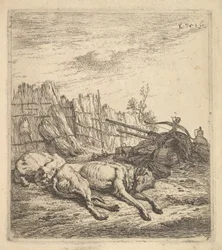 Due cani che dormono a terra, un aratro, attrezzi agricoli, fasci di paglia, ca. 1641-78