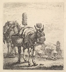 Due muli con ceste e bardati con paraocchi, piume e nappe, ca. 1641-78