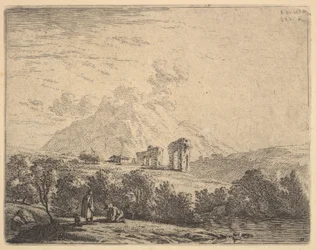 Veduta di collina con rovine, un acquedotto e una rupe montuosa oltre, in primo piano un m..., 1658