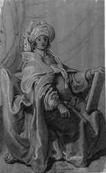 Figura seduta con mantello e turbante, che tiene un libro. Rivolta a destra.
