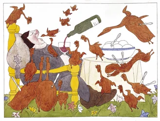 Illustrazione da "Schlaraffenland" di Hans Sachs (1494-1576) (penna e inchiostro e acquerello su carta)