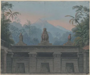 Il flauto magico. Opera di Wolfgang Amadeus Mozart. Progetto per la 4a decorazione. Cortile del tempio di Sarastro