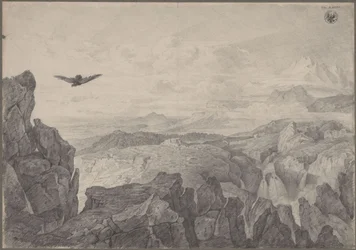 Paesaggio montano con aquila in volo