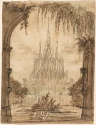 Cattedrale gotica dietro uno stagno con cigni