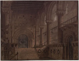 Re Yngurd. Tragedia di Adolf Müllner. Progetto per la 5ª decorazione. Sala nella torre con la Porta della morte