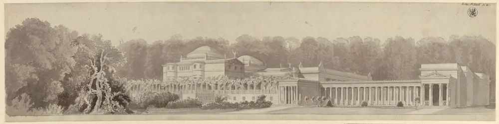 Potsdam-Sanssouci. Antica casa di campagna presso il Palazzo di Charlottenhof. Veduta prospettica da nord-est