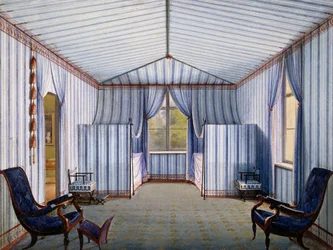 Sala della tenda nel Palazzo di Charlottenhof, dopo il 1830, acquerello di Karl Friedrich Schinkel (1781-1841)