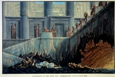 Scenografia teatrale per Il flauto magico (opera "Die Zauberflote" di Wolfgang Amadeus Mozart). Incisione di Karl Schinkel