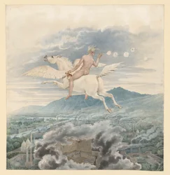 Figura femminile (soffiatrice di bolle di sapone) come allegoria di Christian Peter Wilhelm Beuth, a cavallo di Pegaso sopra una città industriale