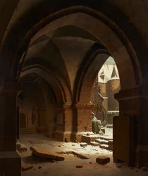 Vista sul cortile del monastero in inverno