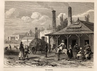 Una fabbrica di zucchero della Riviere du Rempart, a Mauritius. Disegno di Karl Girardet per illustrare il soggiorno di Alfred Verney a Mauritius nel 1861. Incisione in "Le tour du monde", a cura di Edouard Charton
