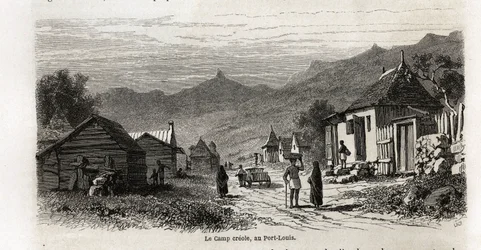Il campo creolo, a Port Louis, disegno di Karl Girardet, per illustrare il soggiorno di Alfred Verney a Mauritius nel 1861. Incisione in "Le tour du monde", edito da Edouard Charton