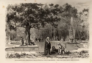 Il kief delle donne del serraglio a Flamour-Javuzu, nel palazzo di Costantinopoli (attuale Istanbul), Turchia. Disegno di Karl Girardet per illustrare una visita al serraglio nel 1860, di una donna anonima. Incisione in "Le tour du monde"