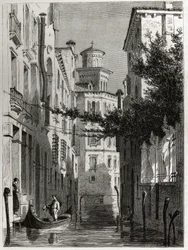 Il palazzo di Bianca Cappello a Venezia. Disegno di Karl Girardet per illustrare il viaggio di Adalbert de Beaumont a Venezia, intorno al 1850. Incisione in "Le tour du monde", a cura di Edouard Charton