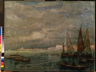 "Vista di velieri nella laguna di Venezia"