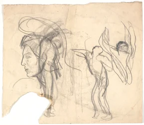 Testa di uomo in profilo, romano (copia?), e due schizzi di figure maschili nude