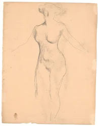 Modello femminile nudo in piedi visto dall