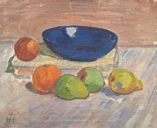 Natura morta con ciotola blu e frutta