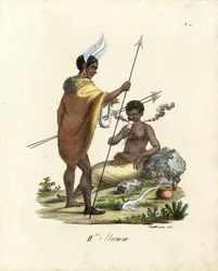 Guerrieri africani con armi (stampa)