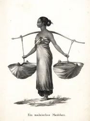Ragazza malese con capelli legati che trasporta scarpe da ginnastica con un giogo. Litografia di Karl Joseph Brodtmann dal libro di storia naturale illustrata di Heinrich Rudolf Schinz