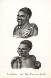 Nativi della Tasmania, Terra di Van Diemen. Grou Aagara, uomo con cicatrici sul petto e mantello di pelle di animale, e Arra-Maida, donna con bambino sulla schiena in marsupio di canguro. I nativi della Tasmania furono sterminati dai coloni. Copiato da Nic