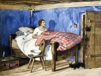 Gatto che visita una donna nella sua camera da letto, inizio XX secolo (illustrazione)